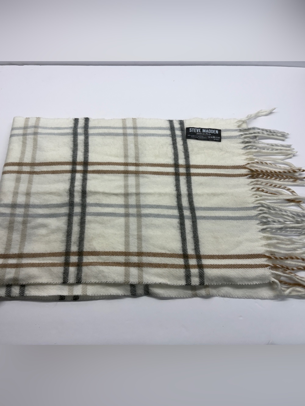 Steve Madden Cream Plaid Fringe Scarf